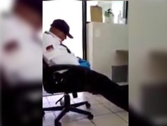 vigilador fue filmado por su compañero mientras se quedo dormido en el servicio