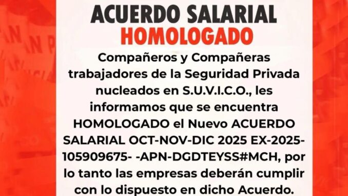 El Sindicato de los Vigiladores SUVICO informó oficialmente la homologación del último tramo de la paritaria correspondiente a los meses de octubre, noviembre y diciembre de 2025. Con este acuerdo, se confirma el incremento salarial que beneficiará a los trabajadores del sector de seguridad privada.