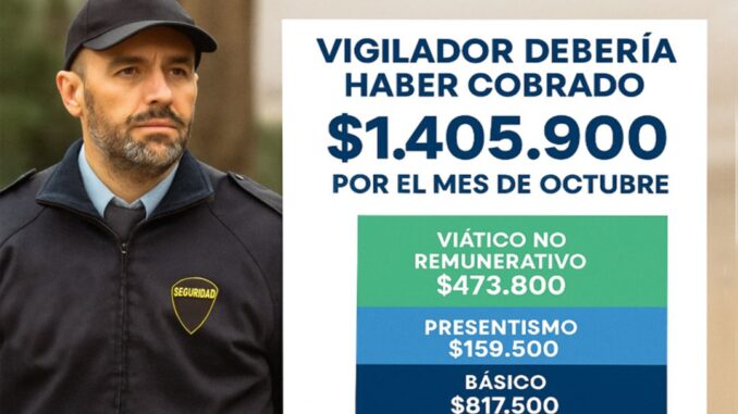 El salario correspondiente al mes de octubre para los vigiladores ya debería haberse hecho efectivo tras el cuarto día hábil. Según el último acuerdo paritario del sector, un trabajador de seguridad con categoría de Vigilador General debió haber percibido un sueldo conformado de $1.405.900.